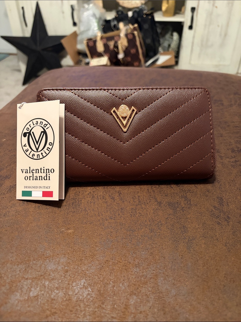 Valentino Orlandi Quilted Chocolate Brown Zip Wallet with Gold Logo